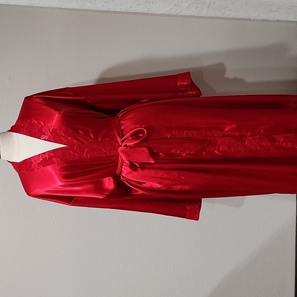 Vintage Honors Intimates Red Satin Robe Midi Length Sheer Trim Belted size Large - Picture 1 of 7
